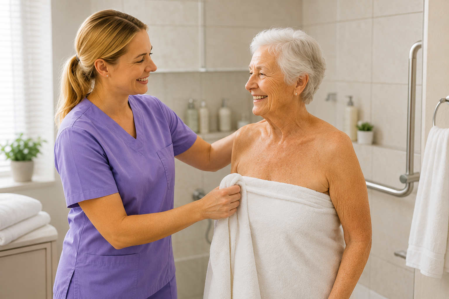 Caregiver respectfully assisting an older woman after bathing