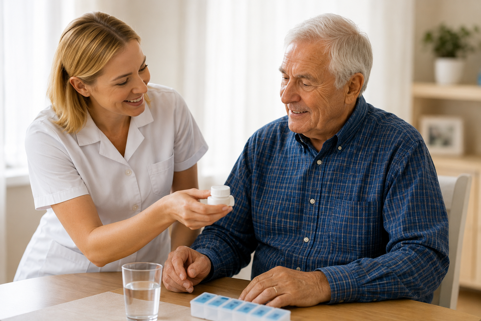 Caregiver offering an older adult a medication reminder