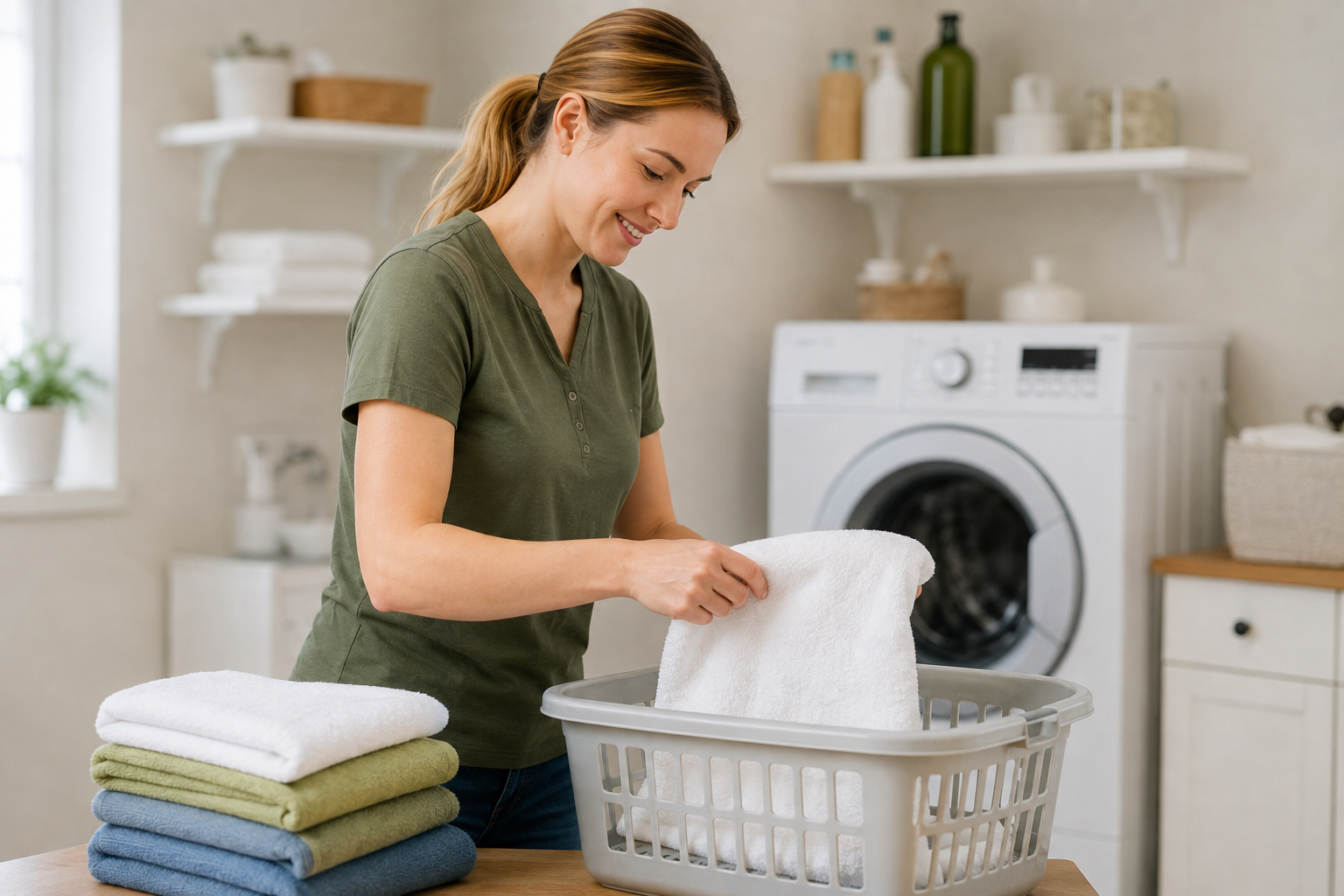 Caregiver folding clean towels and household linens
