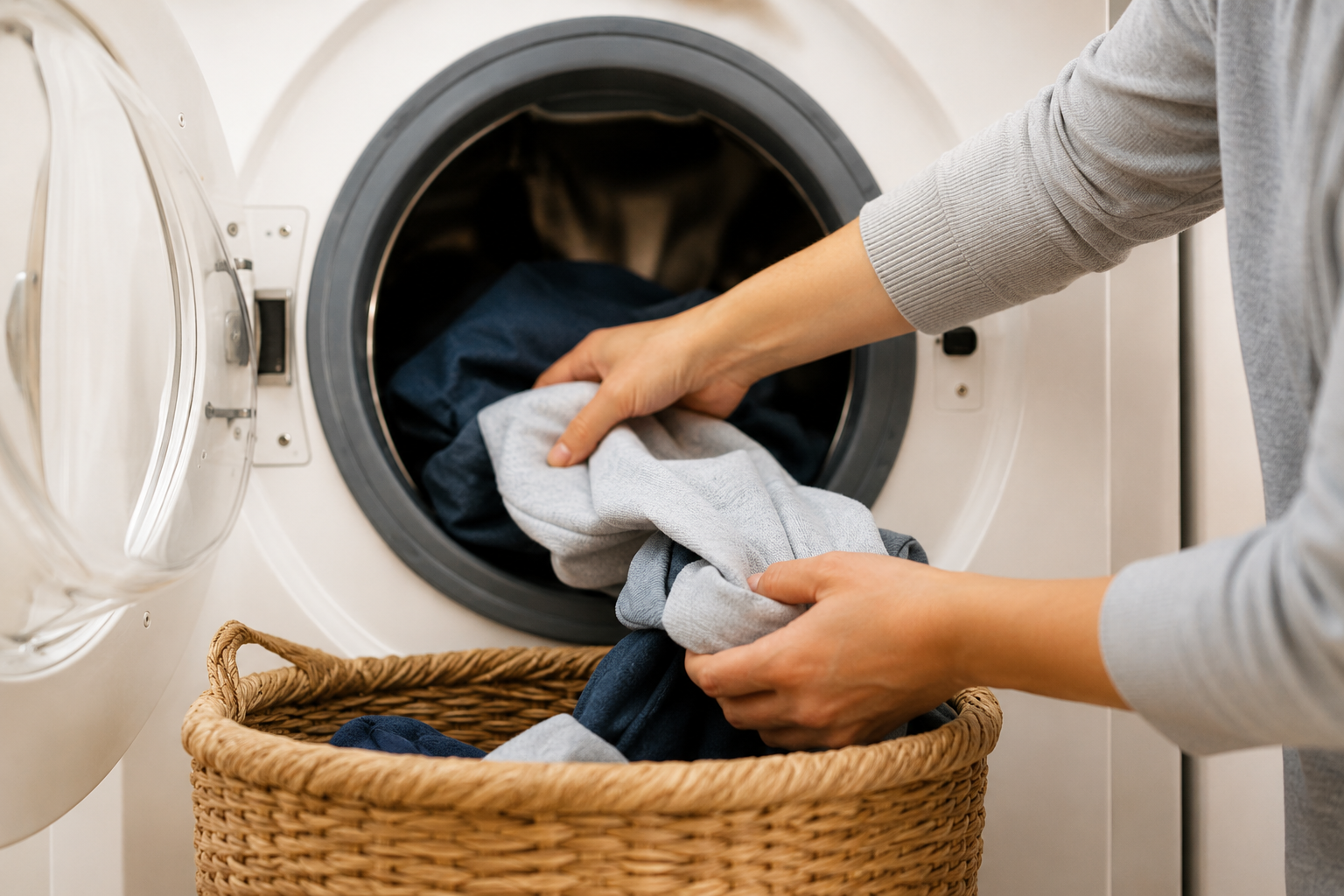 Caregiver loading clothing into a washing machine