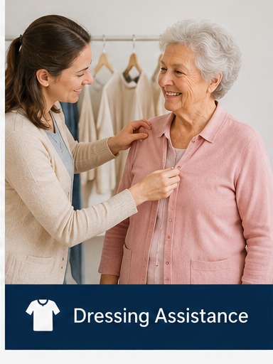 Dressing assistance service poster showing a caregiver helping an older woman