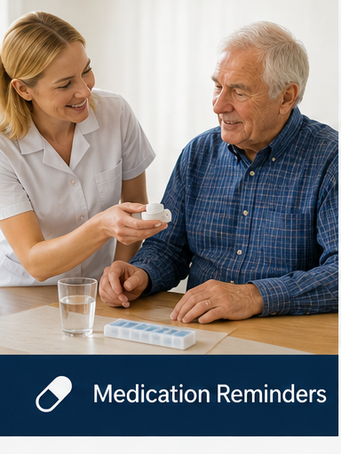 Medication reminders service poster showing a caregiver supporting an older man
