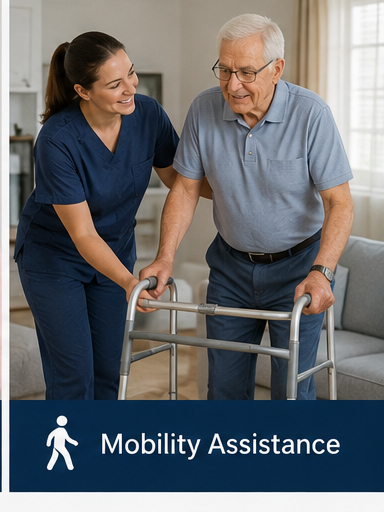 Mobility assistance service poster showing a caregiver helping an older man use a walker